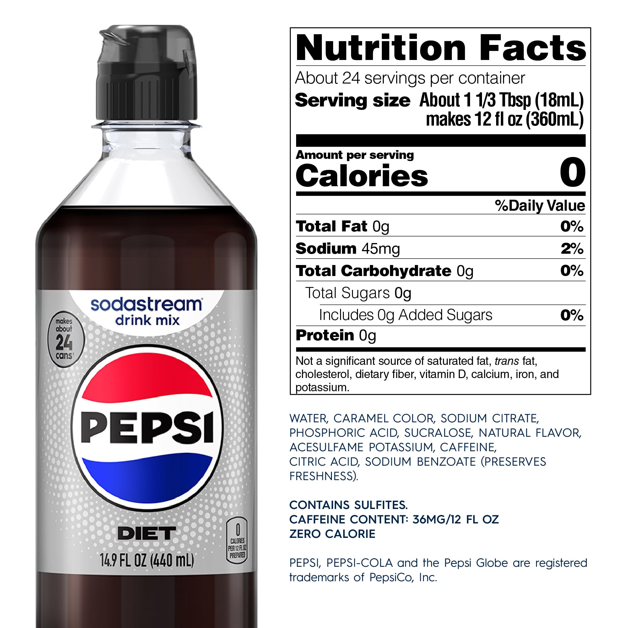 SodaStream close-up of Diet Pepsi bottle label highlighting real cola taste