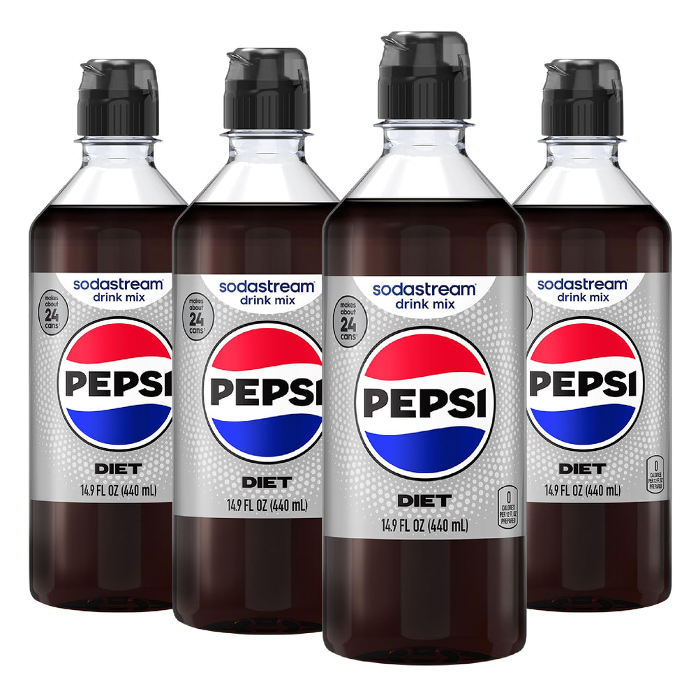 SodaStream front packaging showing four Diet Pepsi syrup bottles and benefits