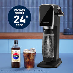 sodastream pouring mix into freshly carbonated water for instant soda