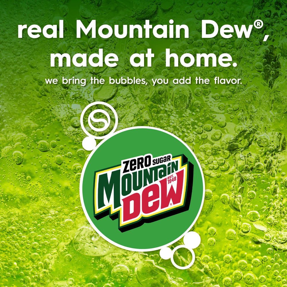 sodastream label close-up showing Mountain Dew Zero Sugar branding and accurate flavor