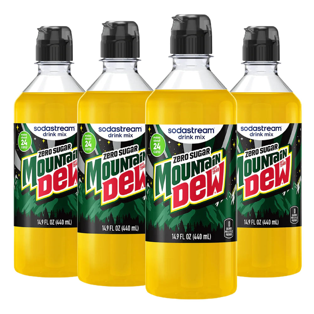 sodastream front packaging showing four Mountain Dew Zero Sugar bottles and benefit convenience