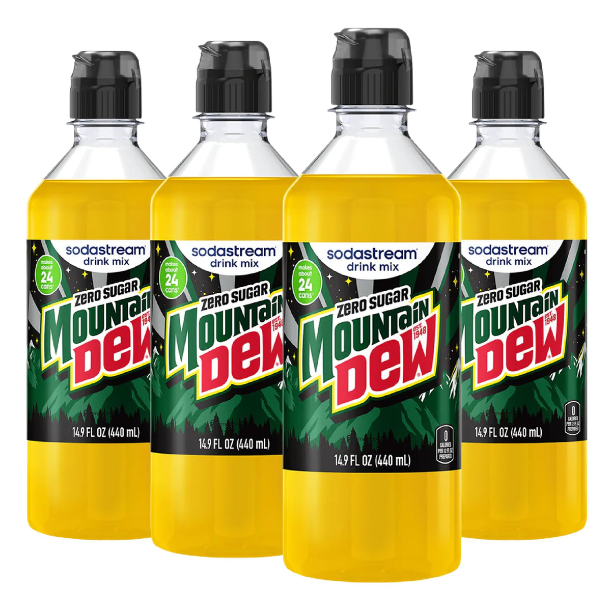 sodastream front packaging showing four Mountain Dew Zero Sugar bottles and benefit convenience