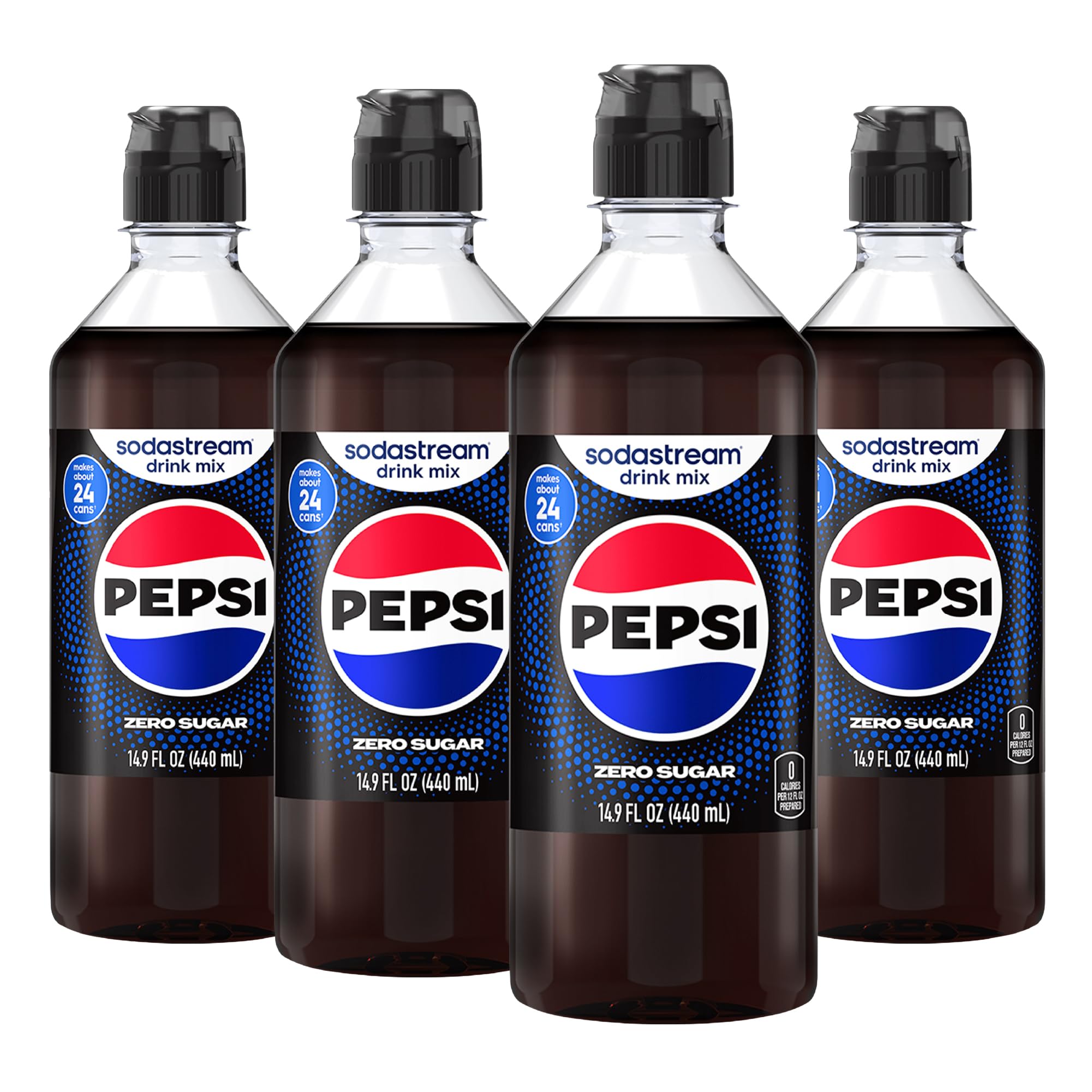 sodastream Pepsi Zero front pack showing four bottles and branding benefits