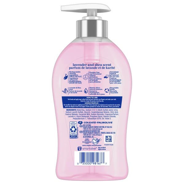 Lavender and shea illustration near Softsoap bottle highlighting scent and moisturizing ingredients