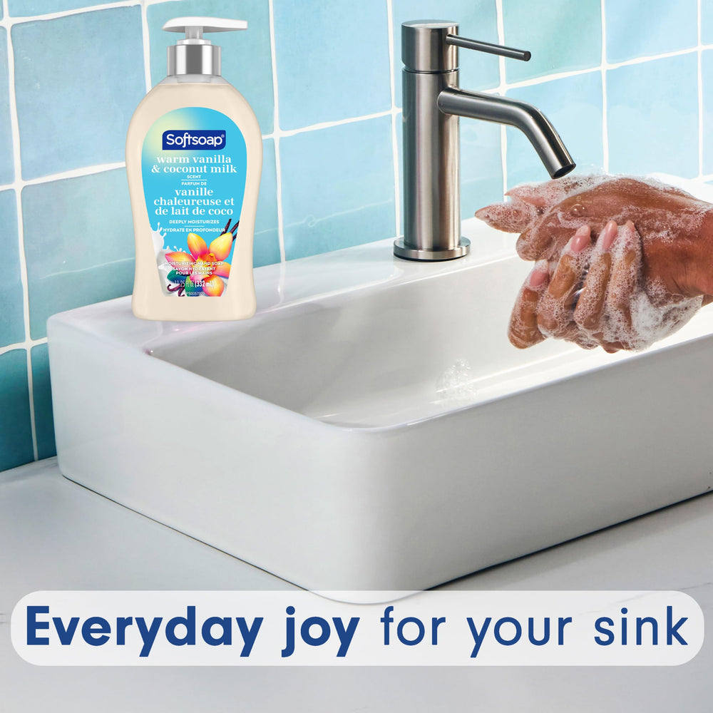 Softsoap bottle next to common objects showing 11.25 oz scale and portability