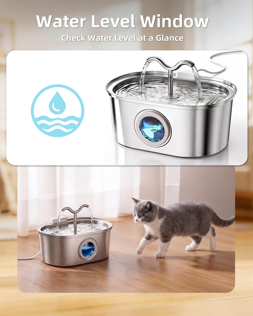 SohoTeco fountain beside a hand indicates 108oz capacity and refill reduction benefit