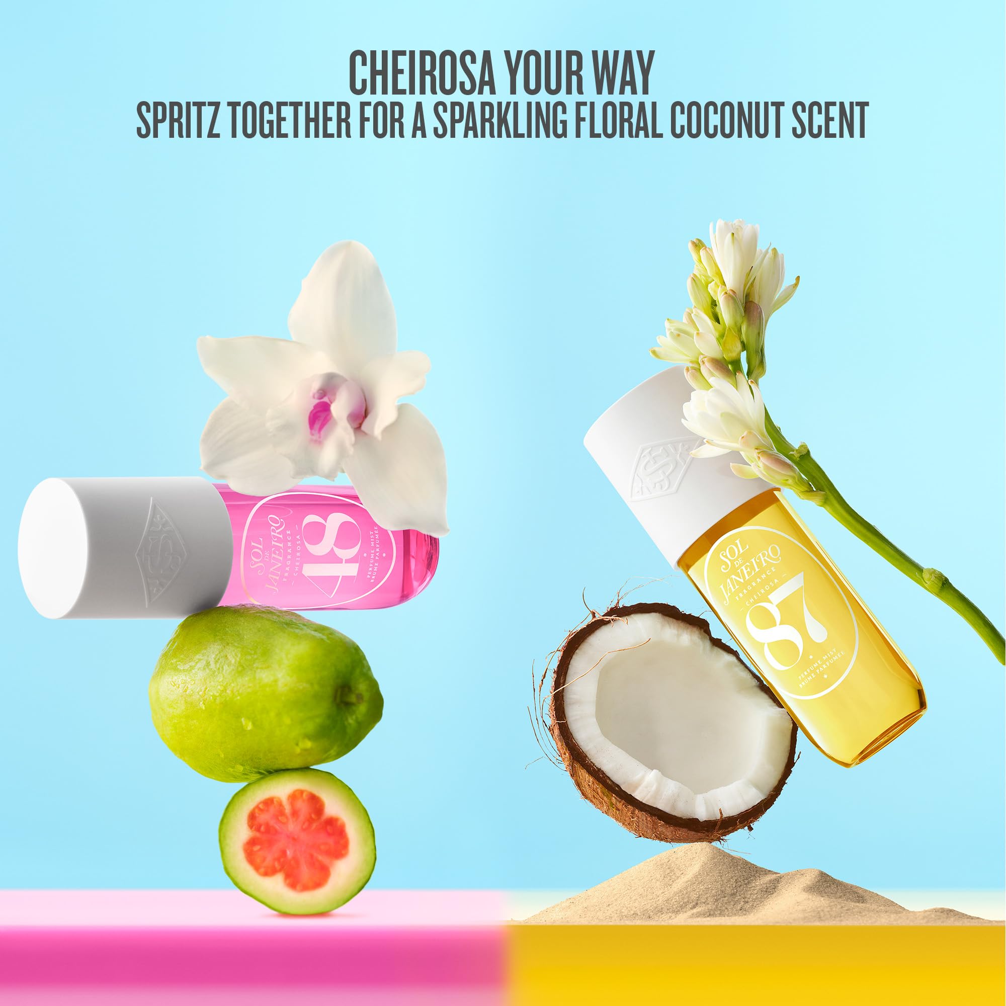 Sol de Janeiro bottle next to common items showing 90ml travel-friendly size