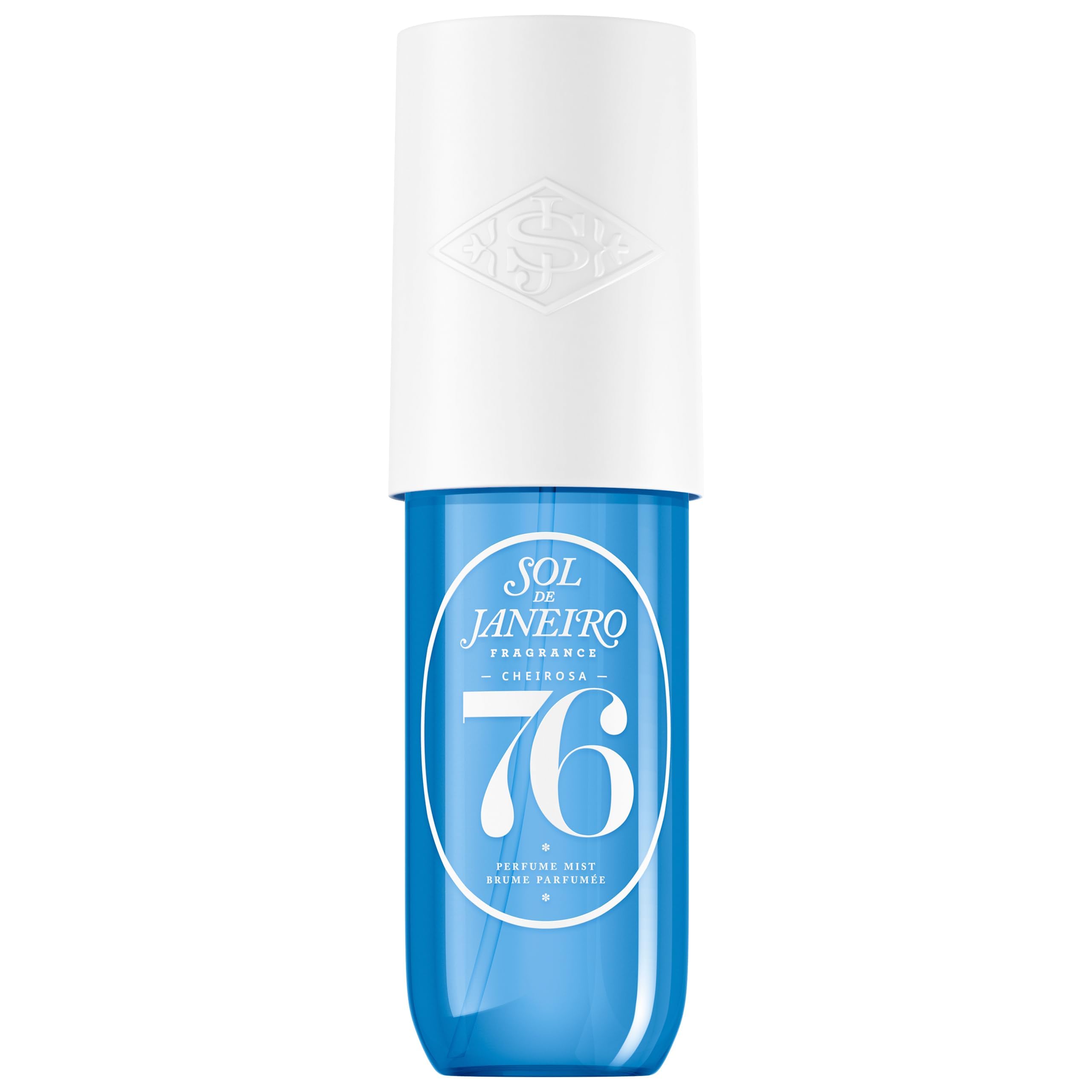 Sol de Janeiro bottle front view showcasing amber-floral packaging and travel size benefit