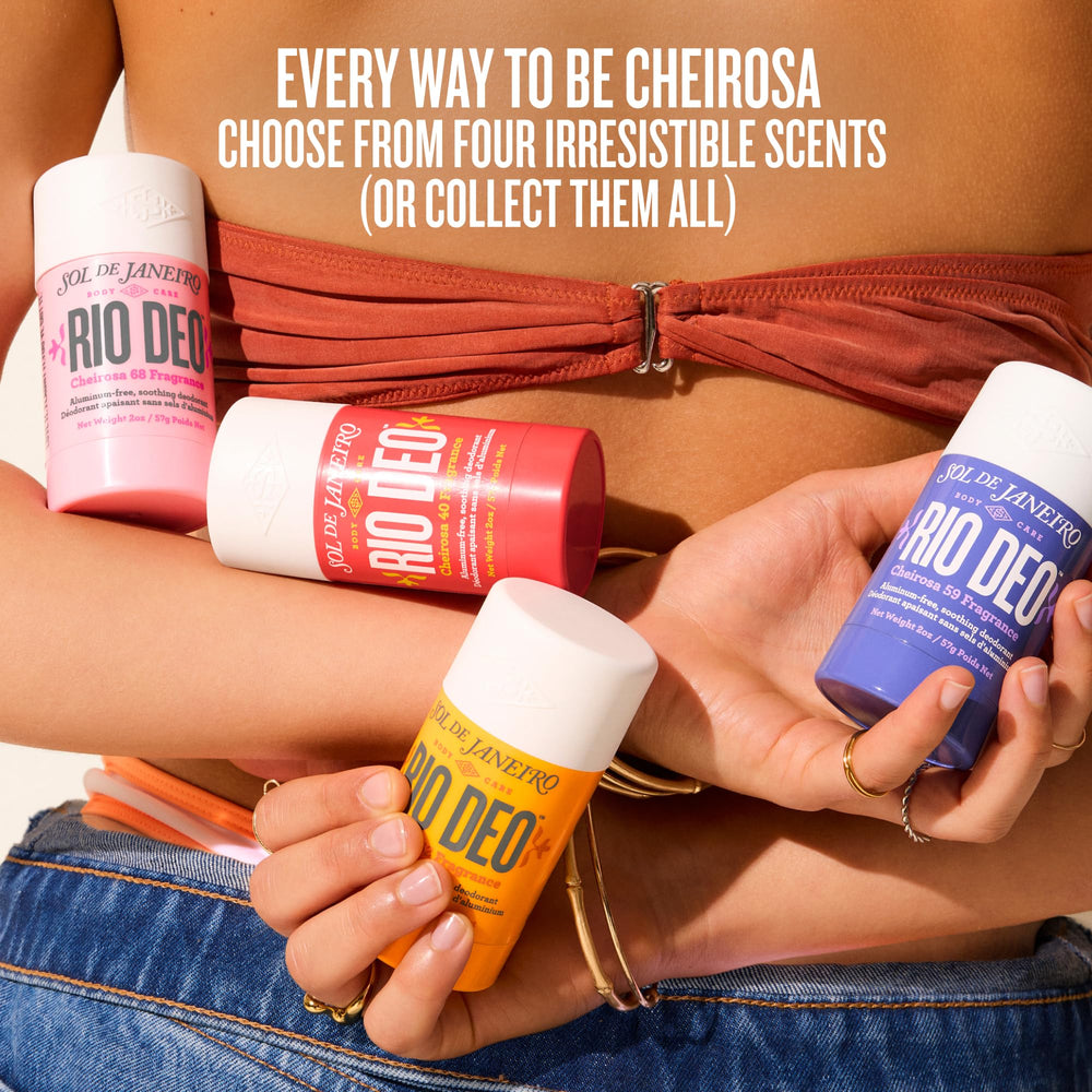 Sol de Janeiro Rio Deo on bathroom vanity styled for daily routine and lifestyle benefit