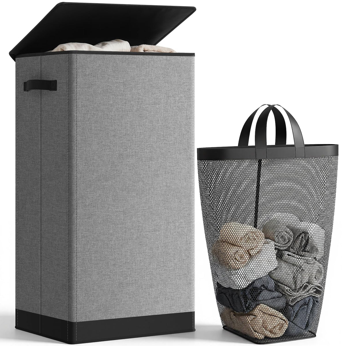 SOLEDI front view with lid showing tidy laundry storage benefit