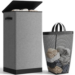 SOLEDI front view with lid showing tidy laundry storage benefit