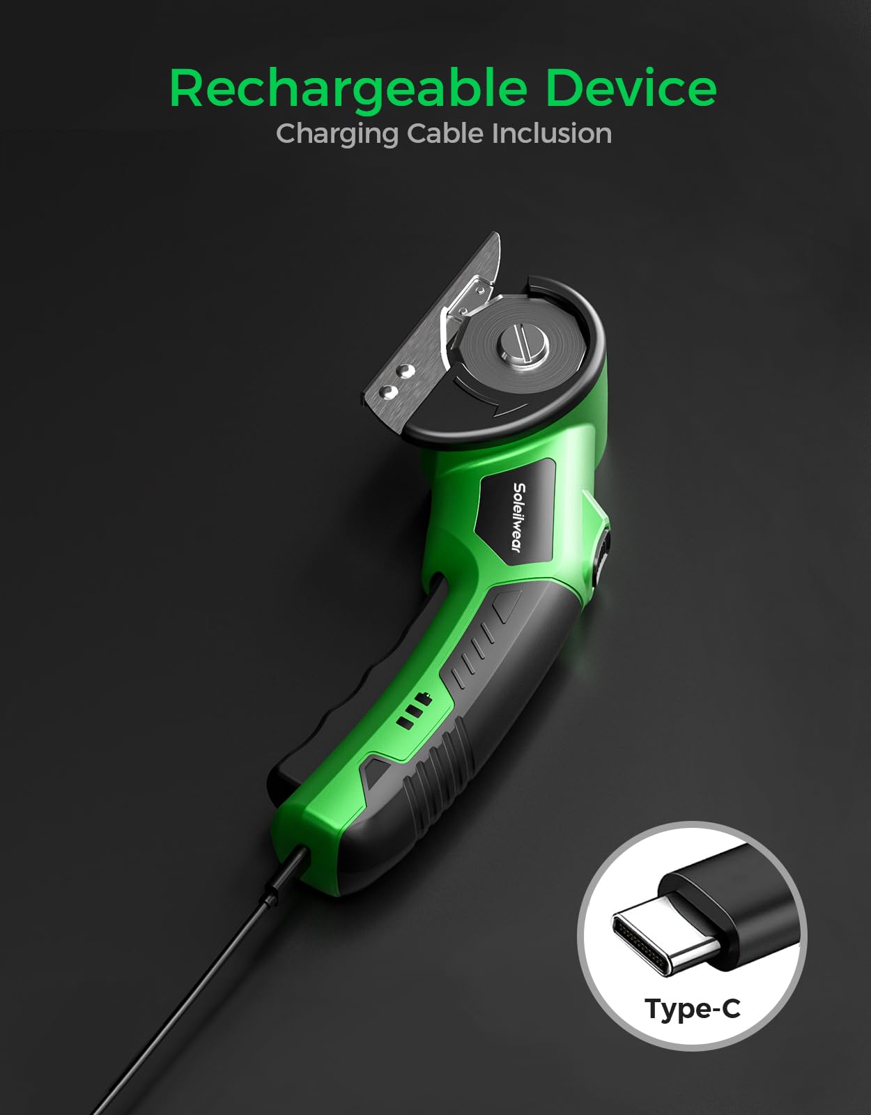 Soleilwear USB-C charging port detail, indicating quick universal recharge