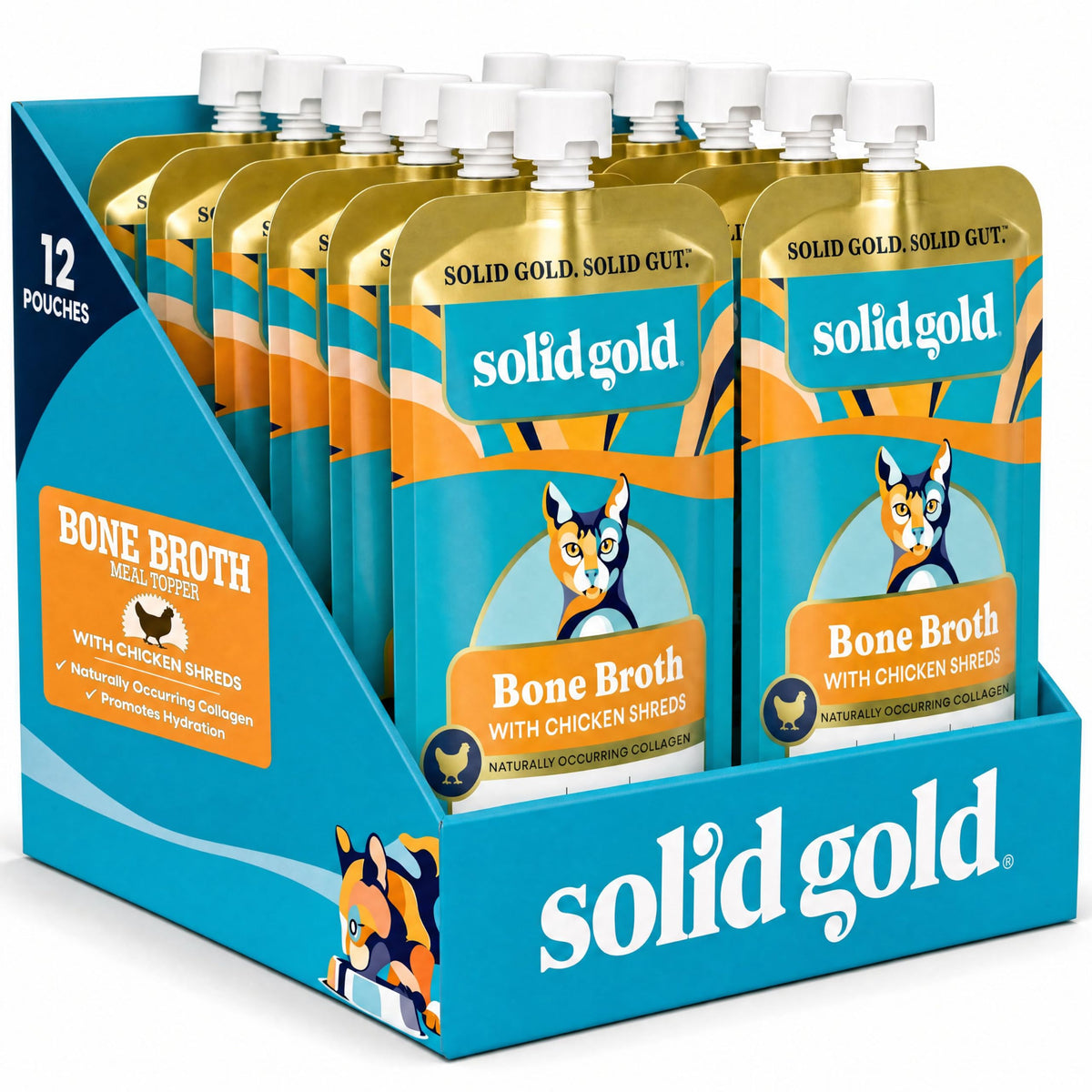 Solid Gold front packaging showing 12 chicken lickable pouches and benefits