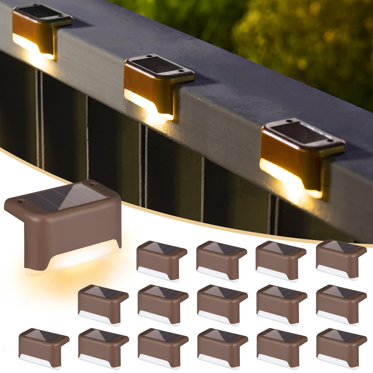 SOLPEX front view of 16-pack warm white deck lights showing unified look and easy upgrade benefit