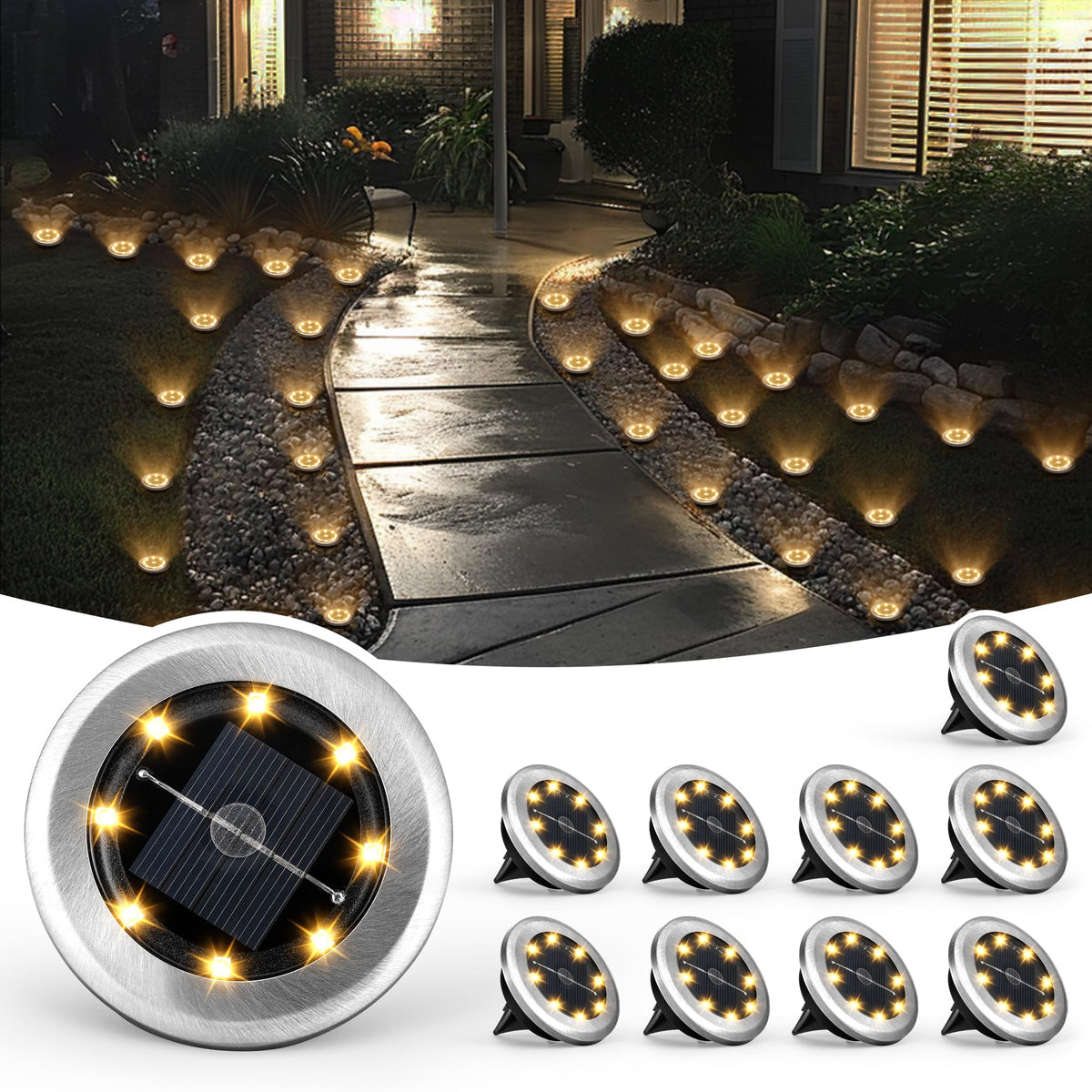 SOLPEX front view of ten compact solar ground lights showing product and benefit