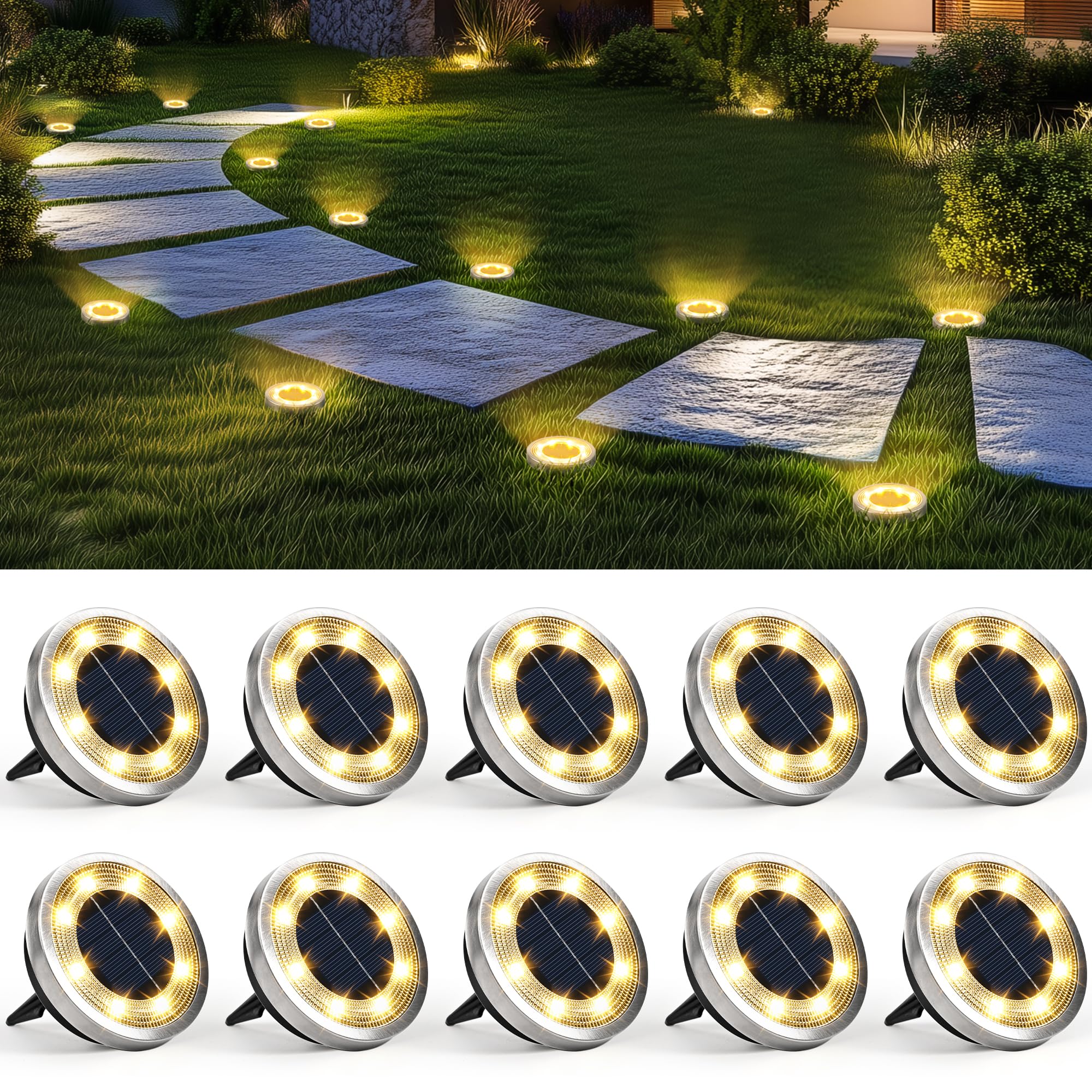 SOLPEX front view of ten solar ground lights showing warm white glow and benefit of instant pathway lighting