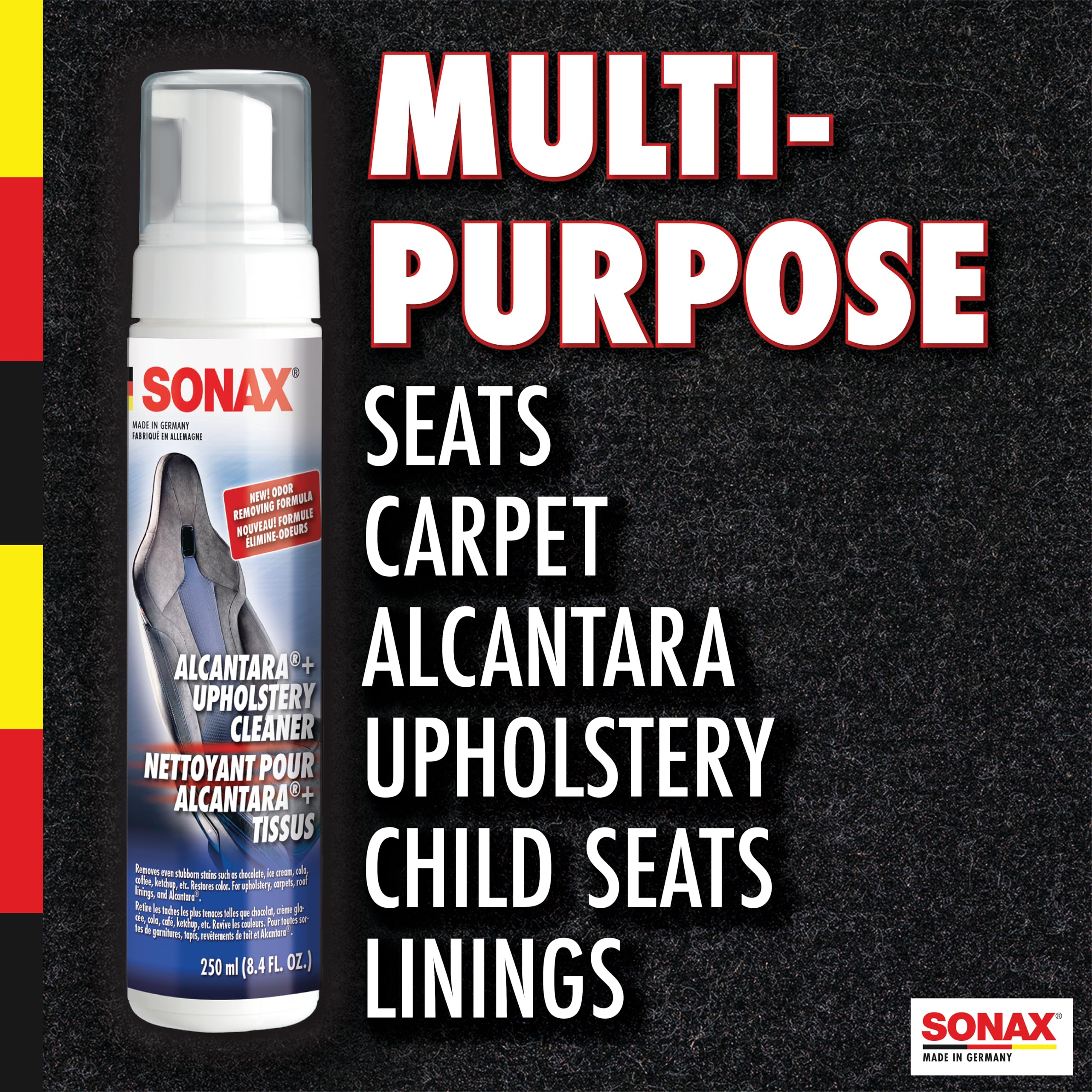 SONAX foam in use on a car seat showing gentle agitation and visible soil lift
