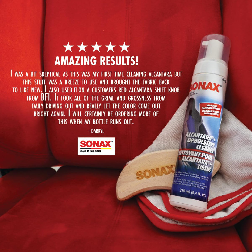 Cleaned Alcantara car interior after SONAX treatment showing restored nap and fresh scent