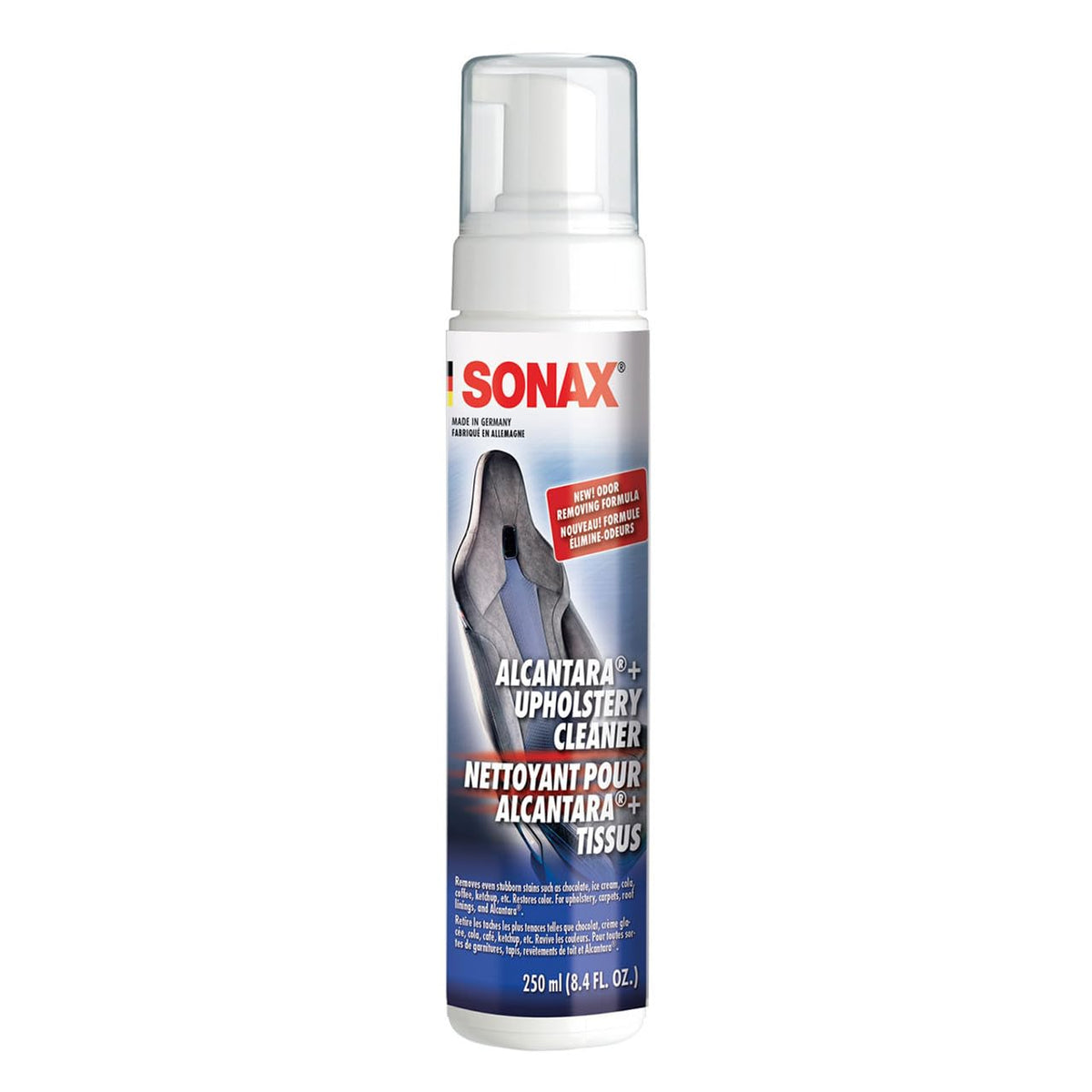 SONAX front packaging showing 250 ml foam and clear labeling for gentle textile care