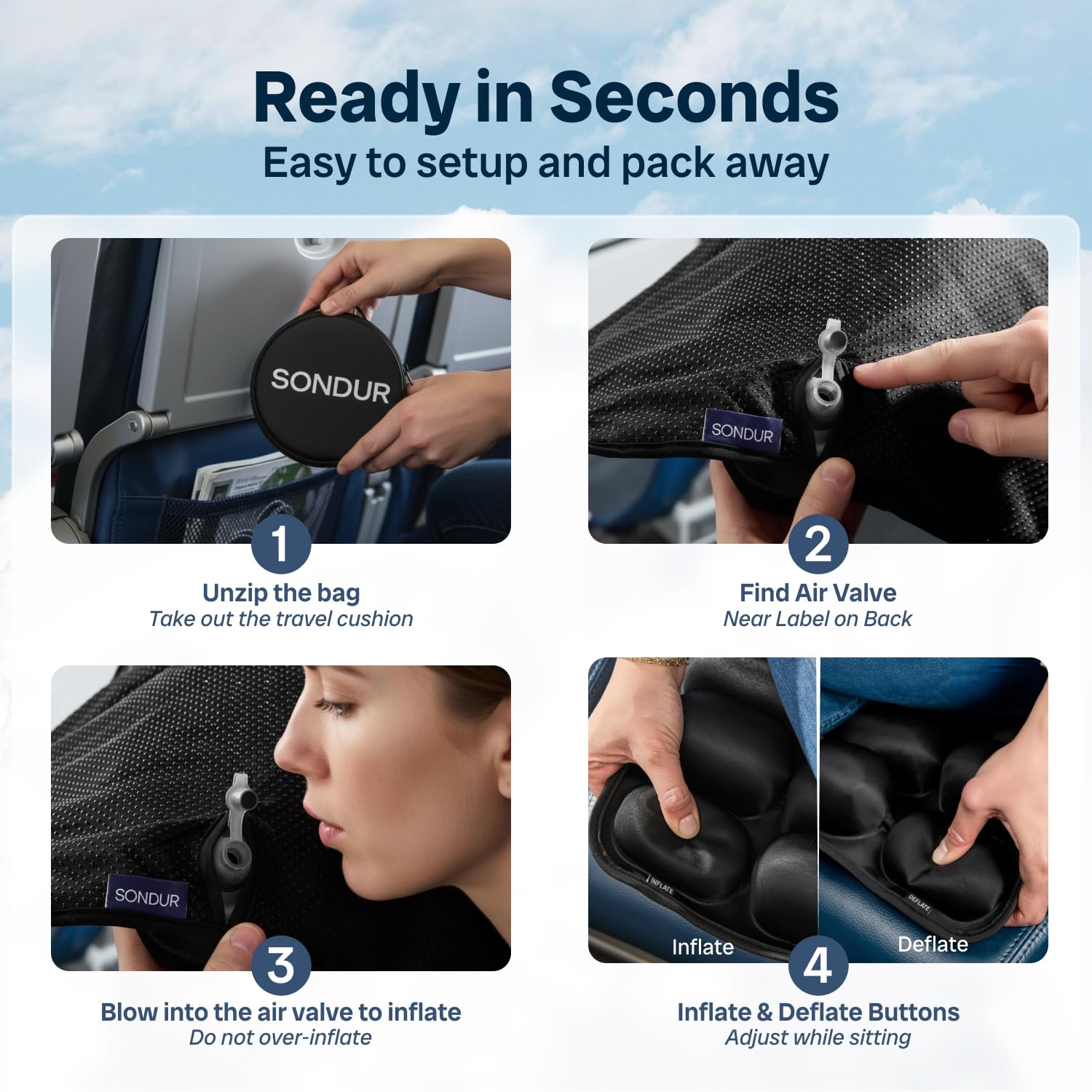 Sondur inflated on an airplane seat, provides tailbone and lumbar support during flights