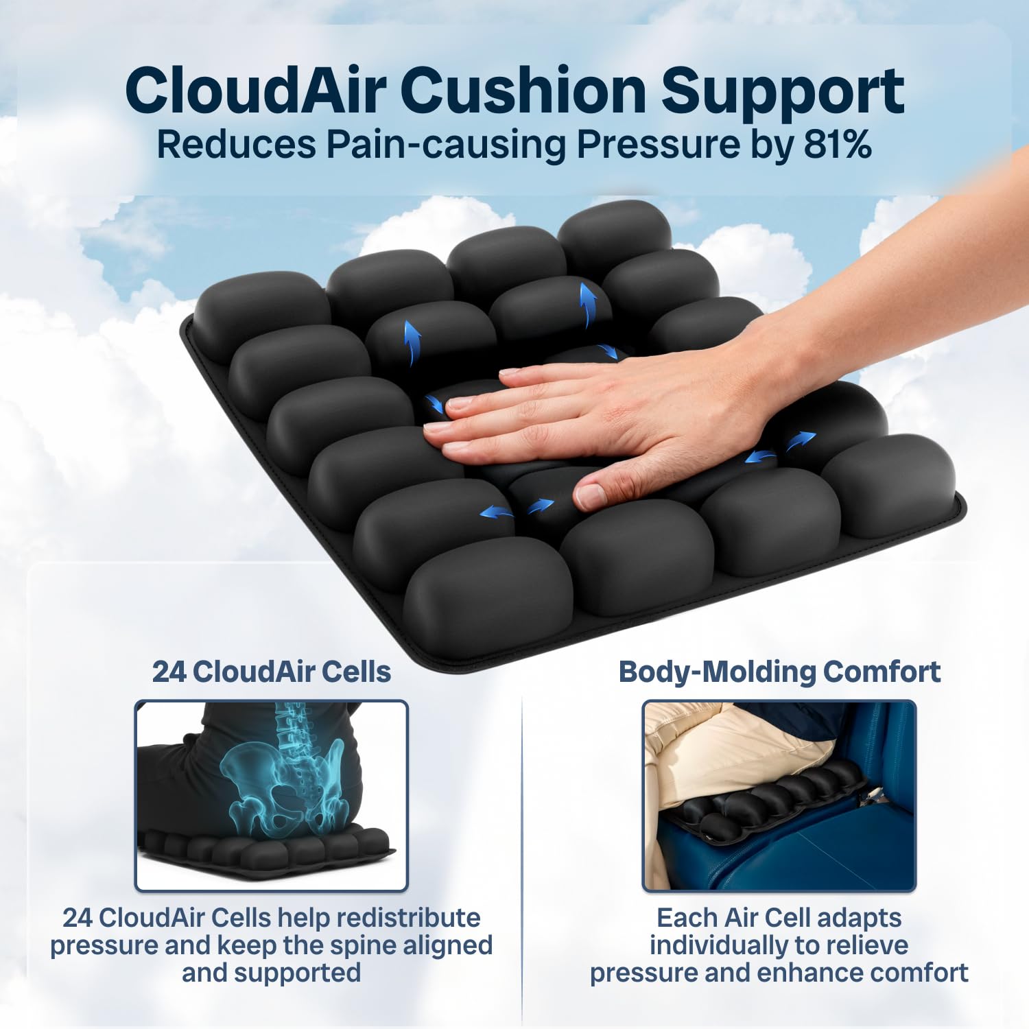 Sondur in a window-seat lifestyle shot, boosts comfort and posture on long flights