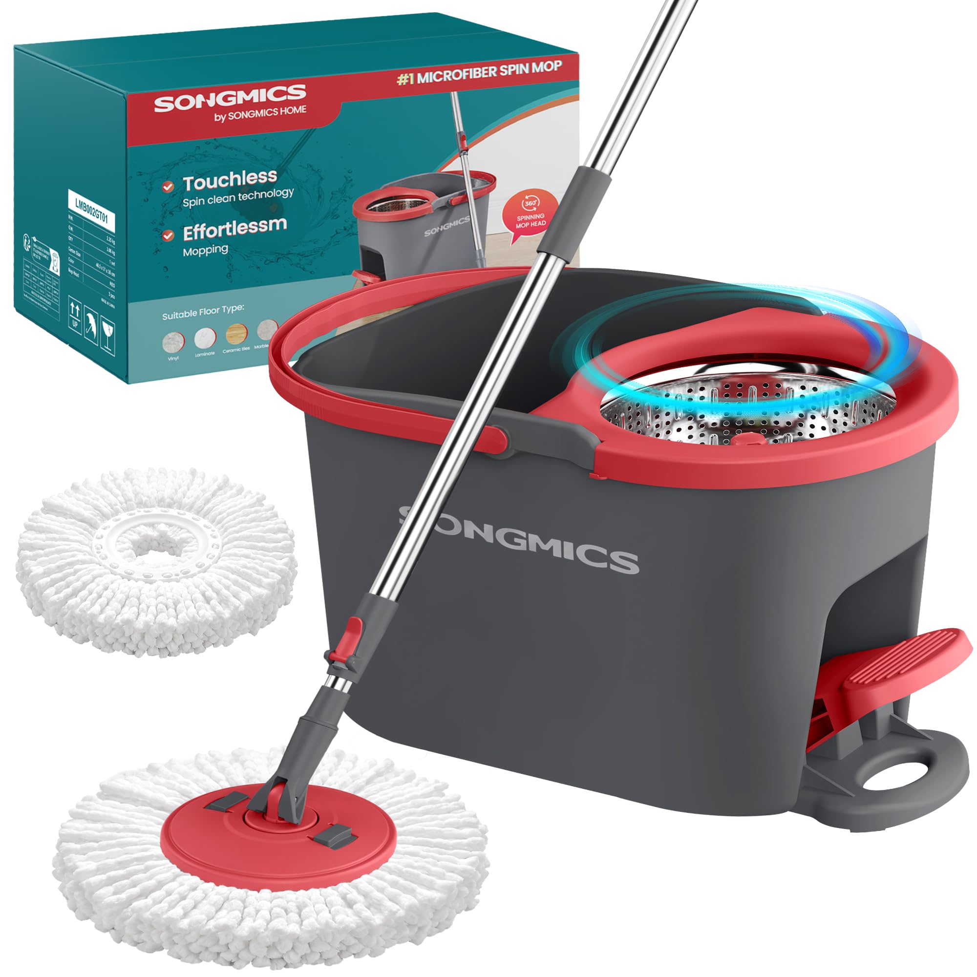 SONGMICS front view showing full spin mop and bucket set, tidy storage benefit