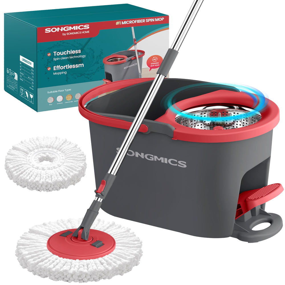 SONGMICS front view showing full spin mop and bucket set, tidy storage benefit