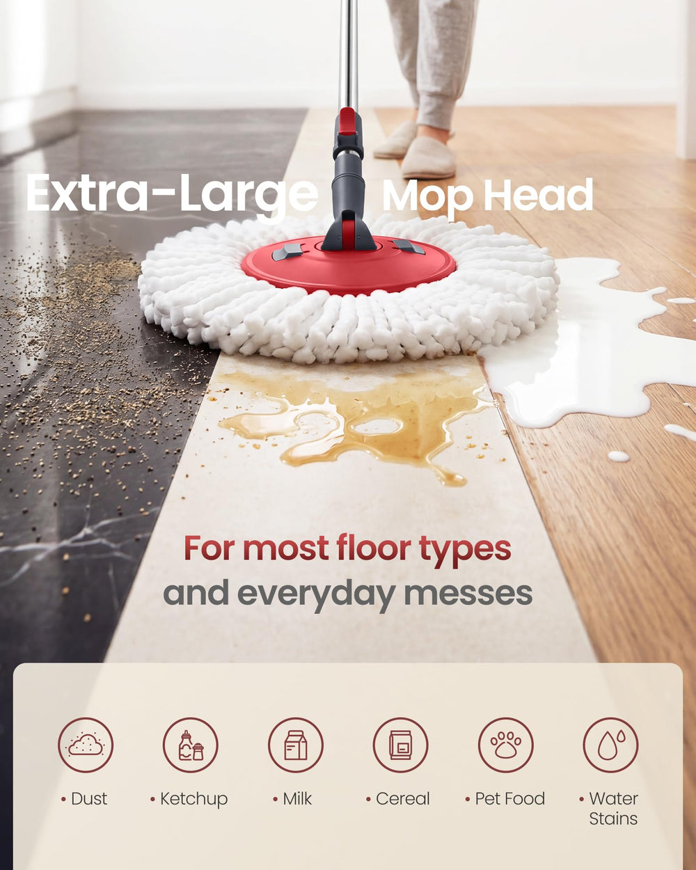 SONGMICS mop and bucket beside a chair for scale, compact storage benefit