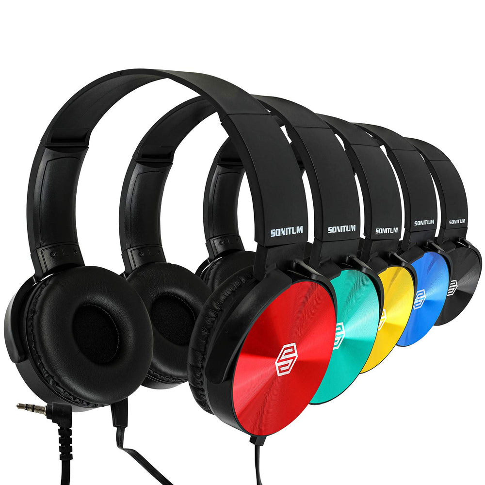 Sonitum five-pack front view showing colorful on-ear headsets and packaging benefit durability
