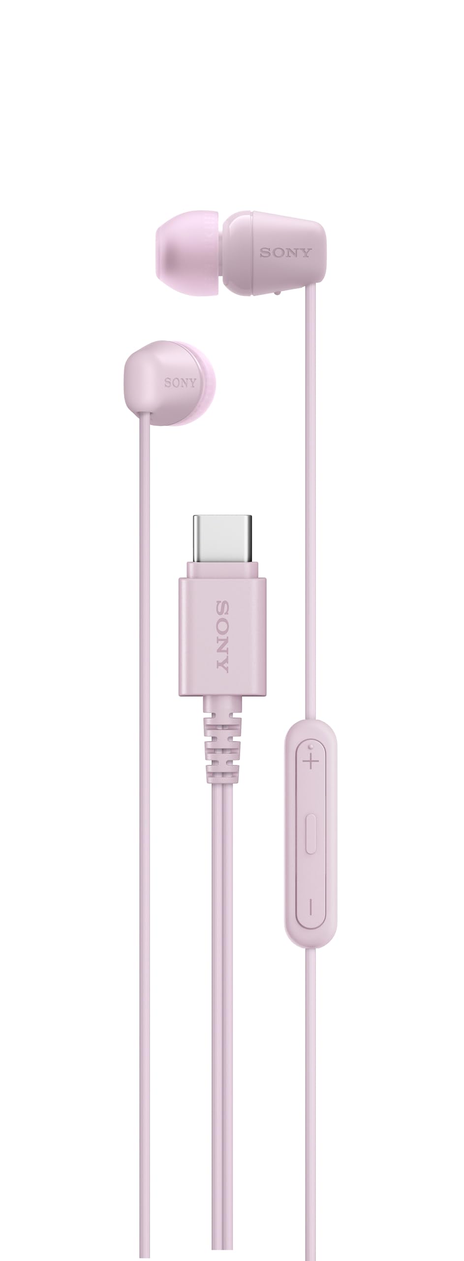 Sony IER-EX15C front view showing compact earbuds and stylish pink finish