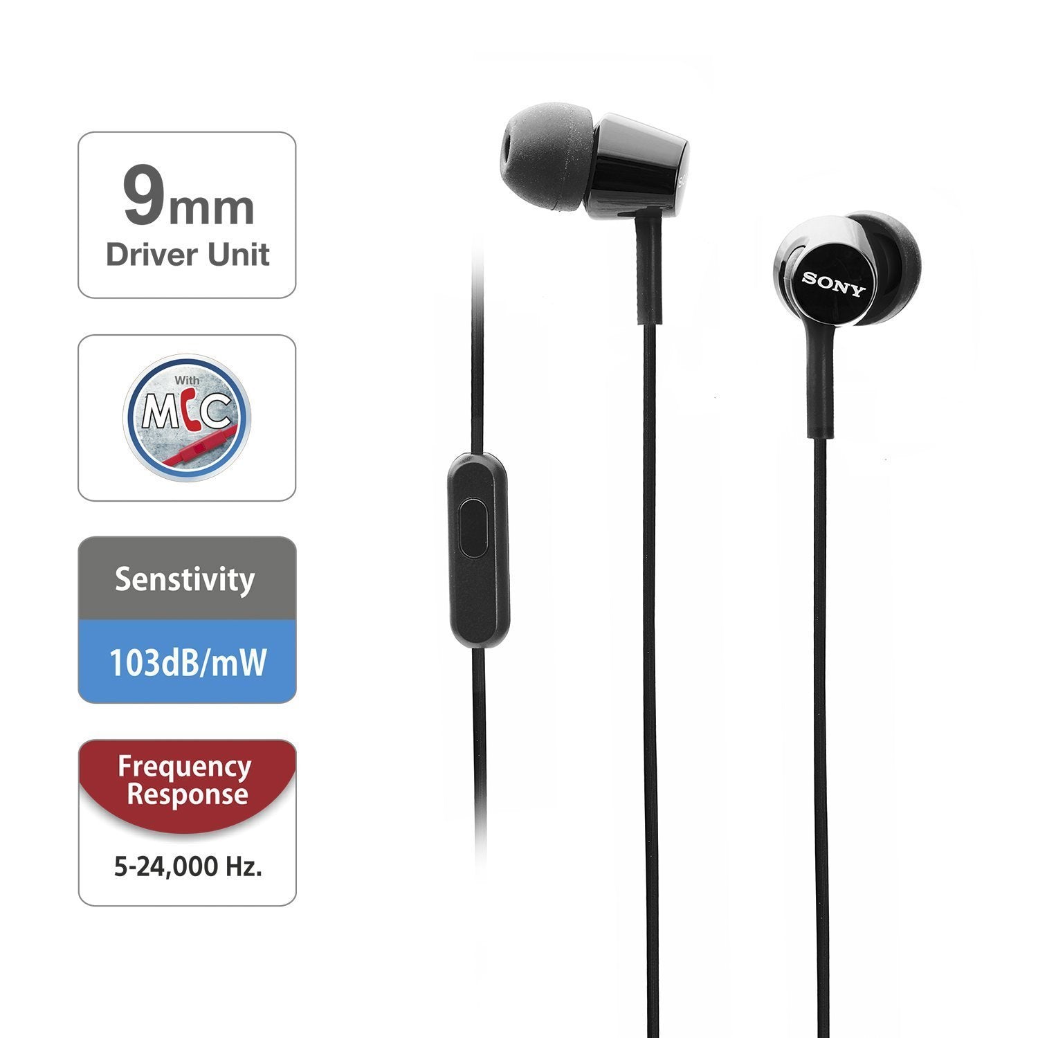Sony MDREX155AP earbud close-up highlighting 9mm driver and build quality benefit