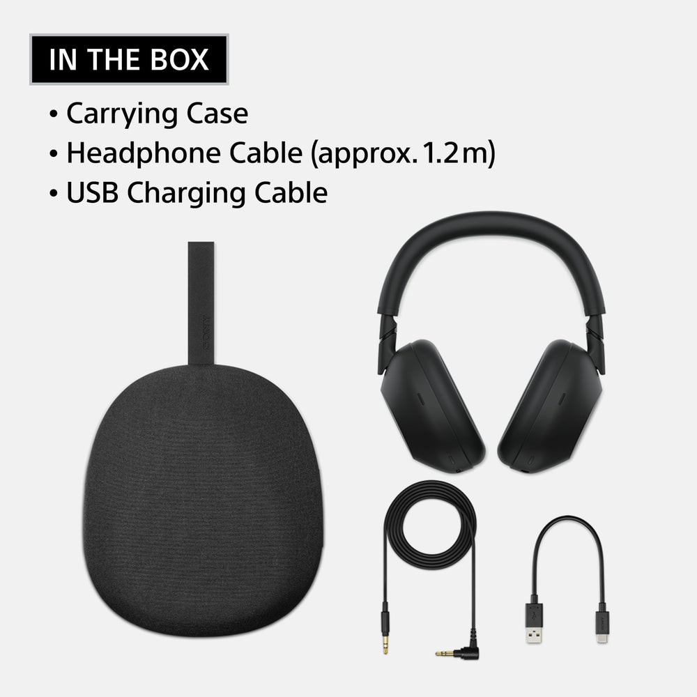 Sony WH-1000XM6 next to charger showing fast charging and 30-hour battery