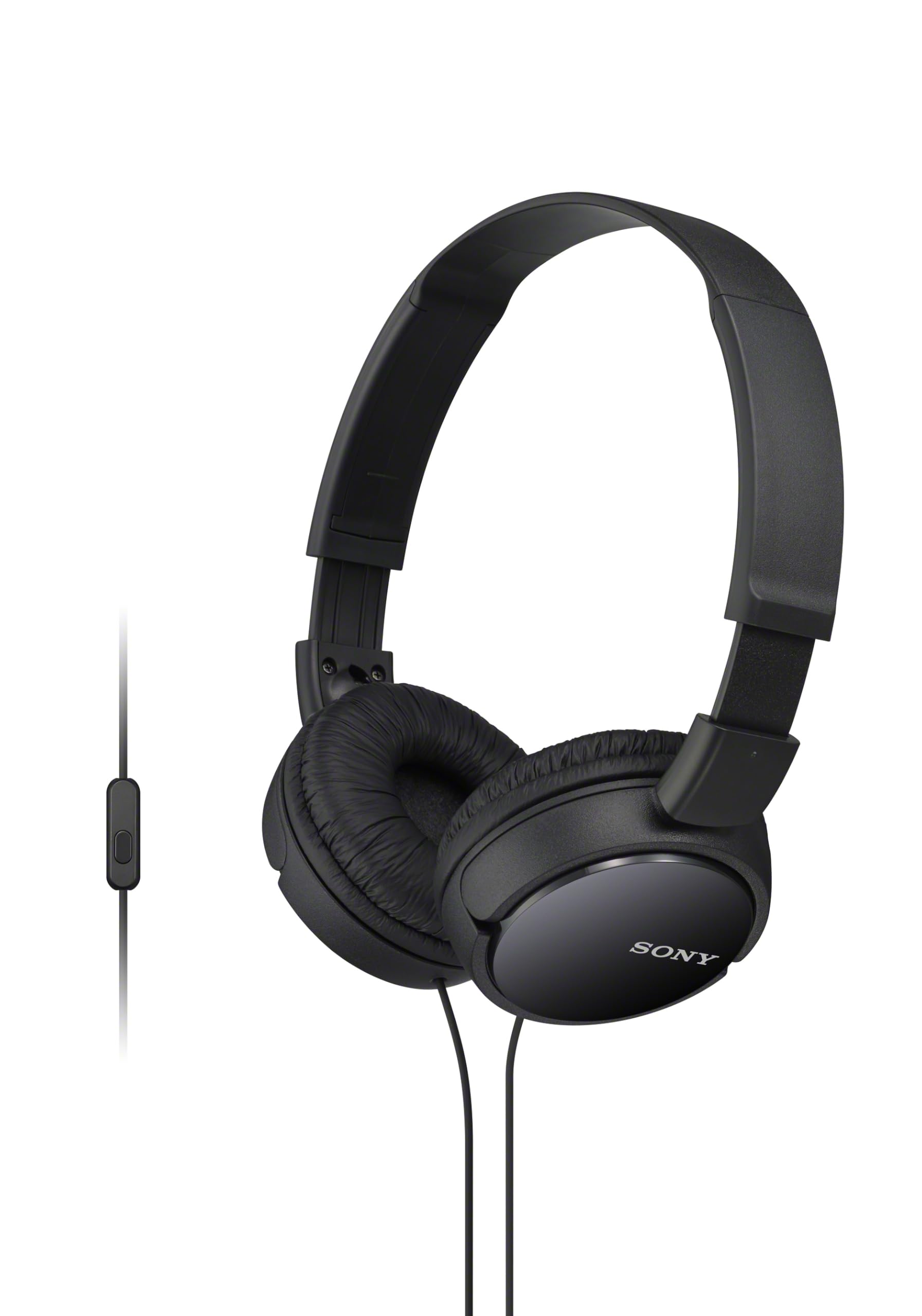 Sony MDR-ZX110AP front view showing compact black design and portability benefit