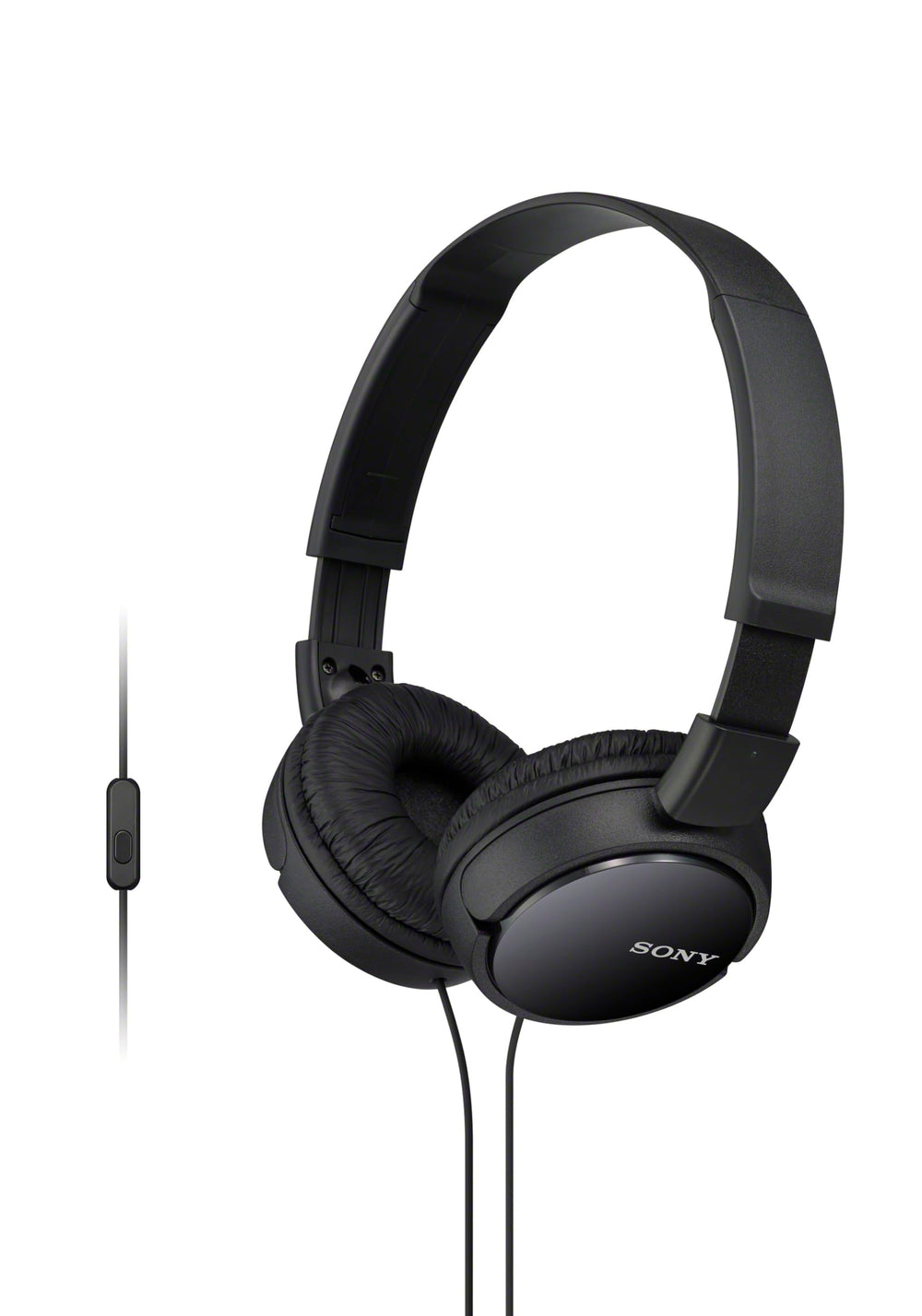Sony MDR-ZX110AP front view showing compact black design and portability benefit