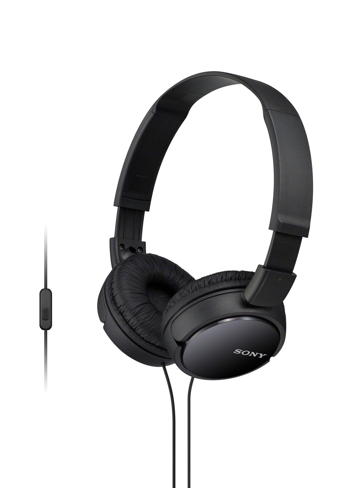 Sony MDR-ZX110AP front view showing compact black design and portability benefit