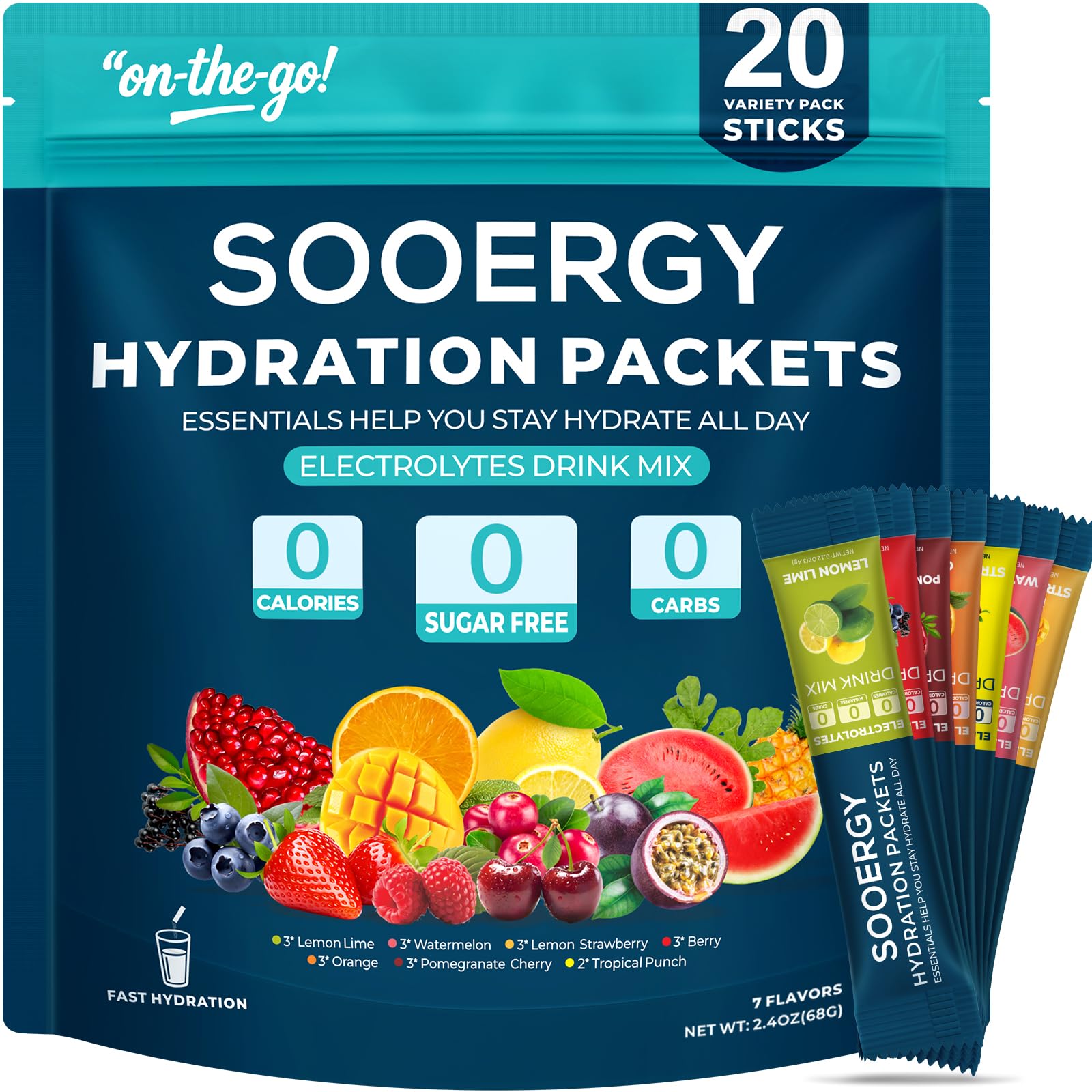 Sooergy front packaging showing 20 mixed-flavor electrolyte sticks and benefits