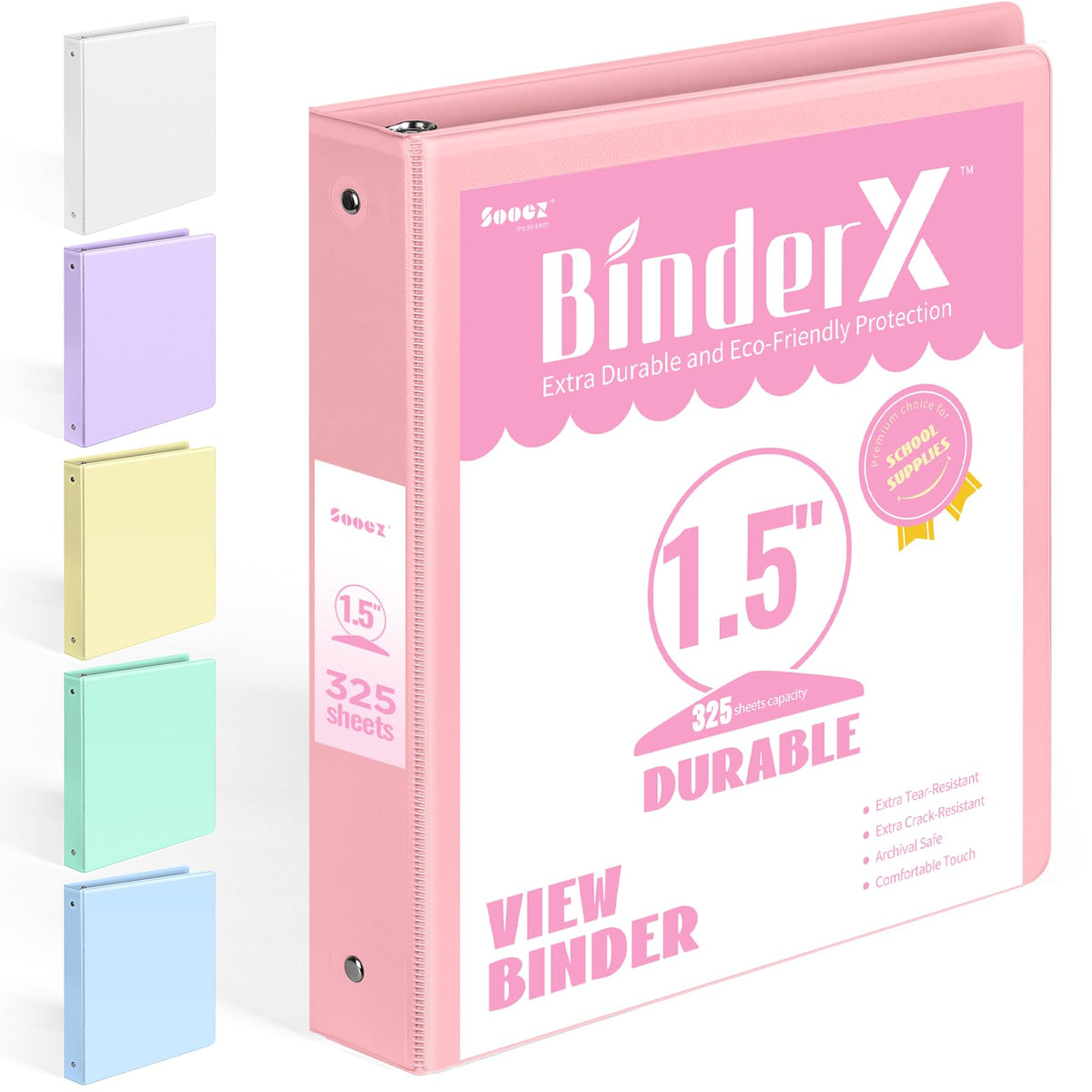 Sooez BinderX front view showing clear-view cover and pink color, easy identification