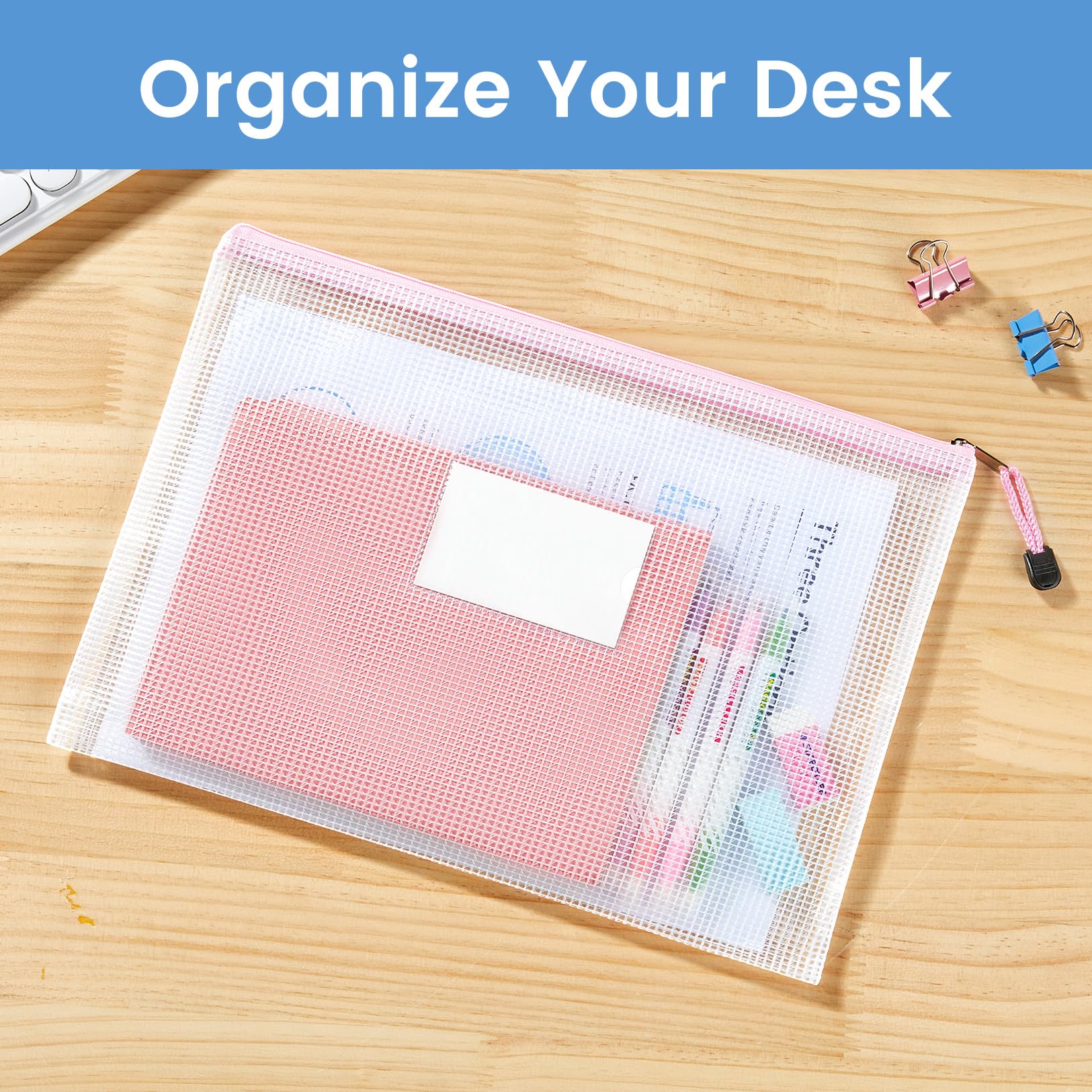 Sooez assorted colored pouches spread out offering color-coded organization