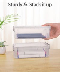 Sooez stacked boxes on a shelf saving desk space and tidy