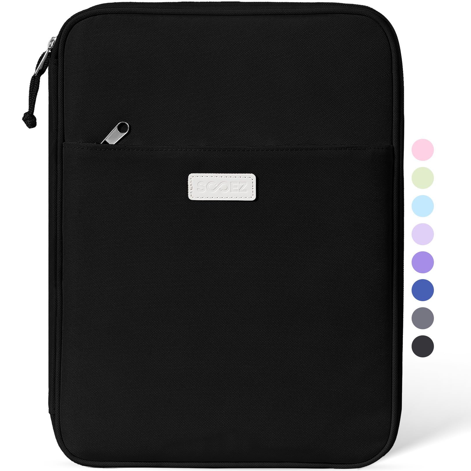 Sooez front view showing zippered binder and durable cover for secure transport