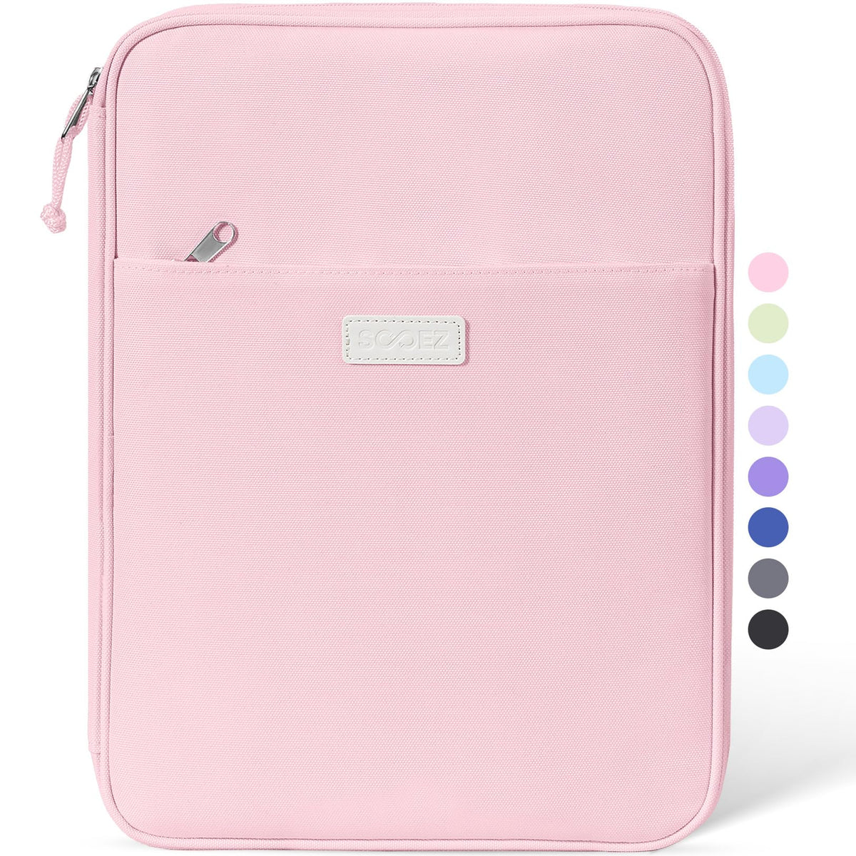 Sooez front view of zip binder showing compact protective shape and easy carry