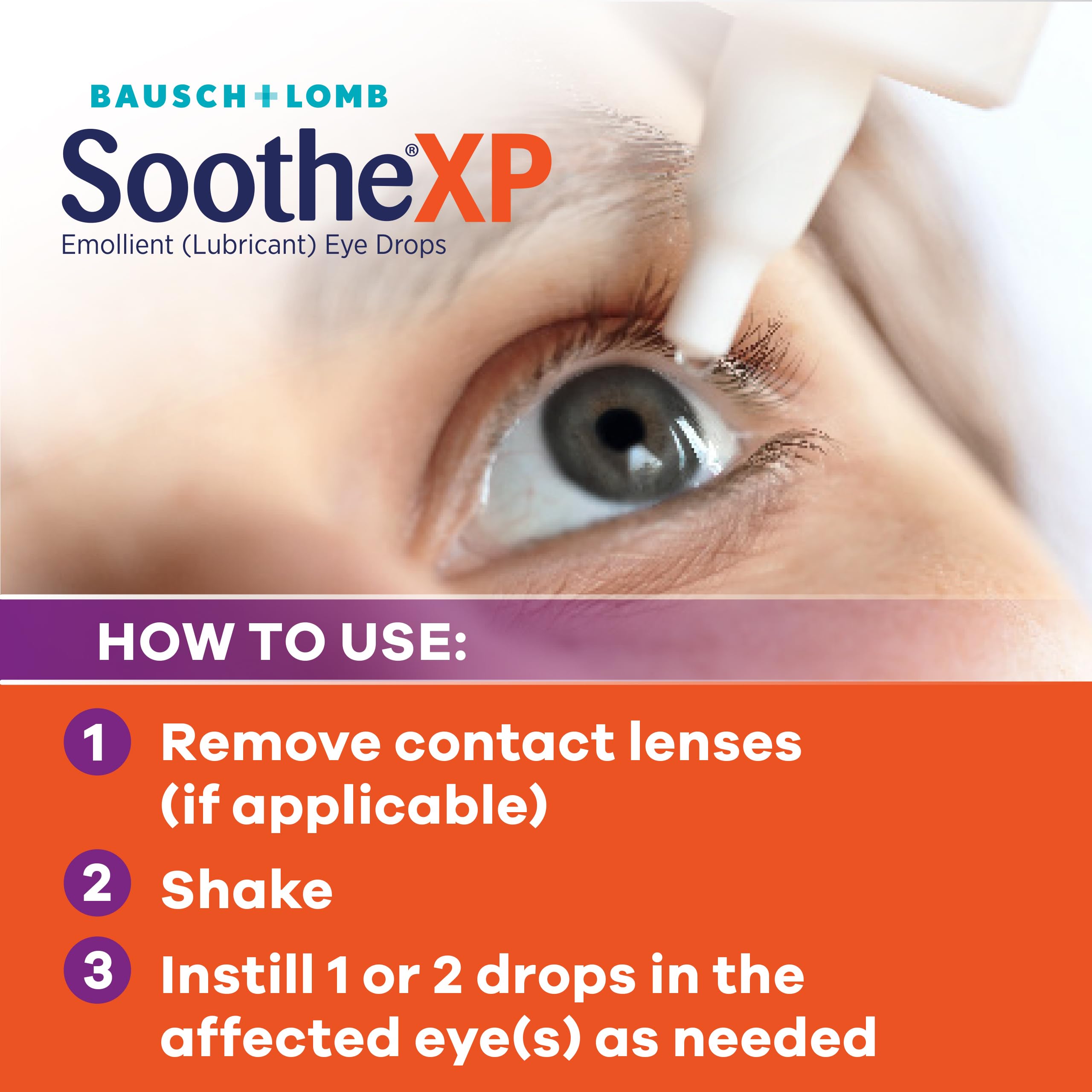 Soothe XP in-use applying a drop to the eye to relieve burning and irritation