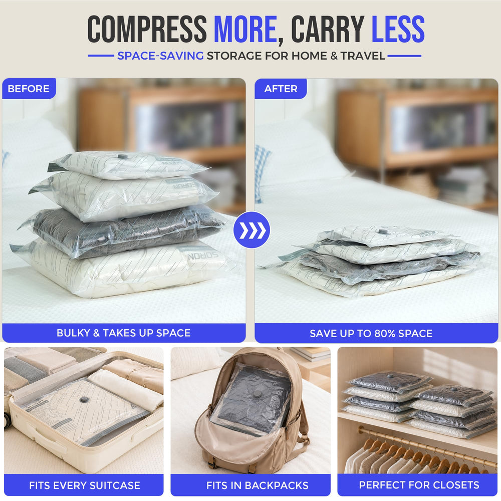 SORON compressed sweaters in bag illustrating space reduction and neat storage