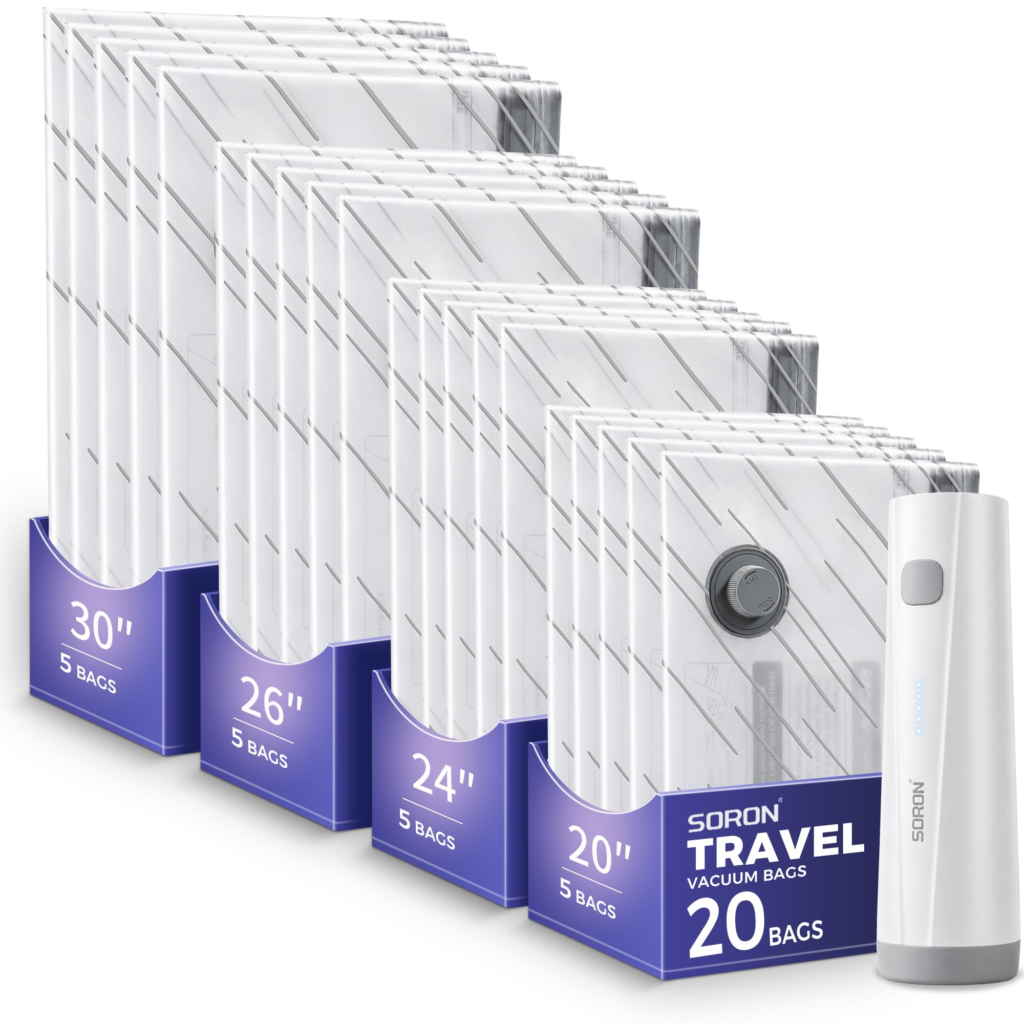 SORON front packaging showing full 20-piece travel vacuum set and pump for compact packing