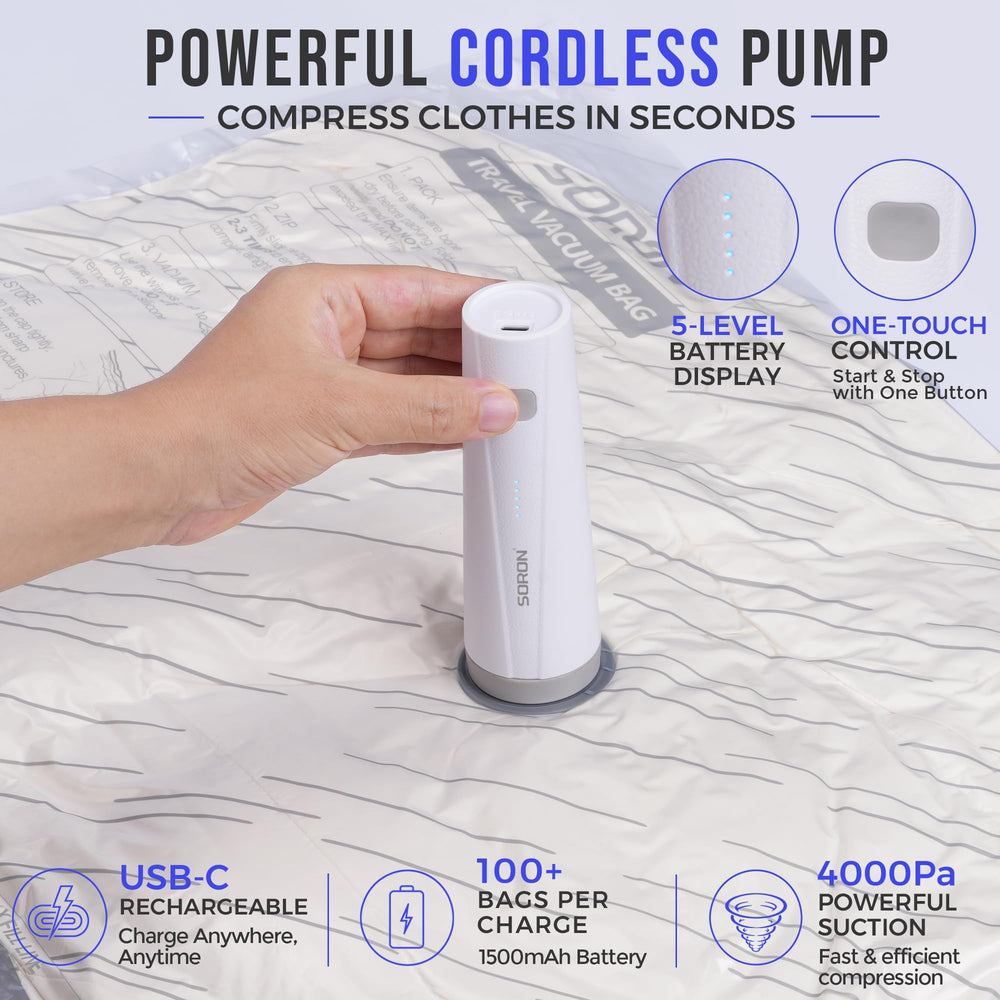 SORON rechargeable cordless pump and USB-C cable displayed with soft protective pouch