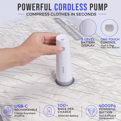 SORON rechargeable cordless pump and USB-C cable displayed with soft protective pouch