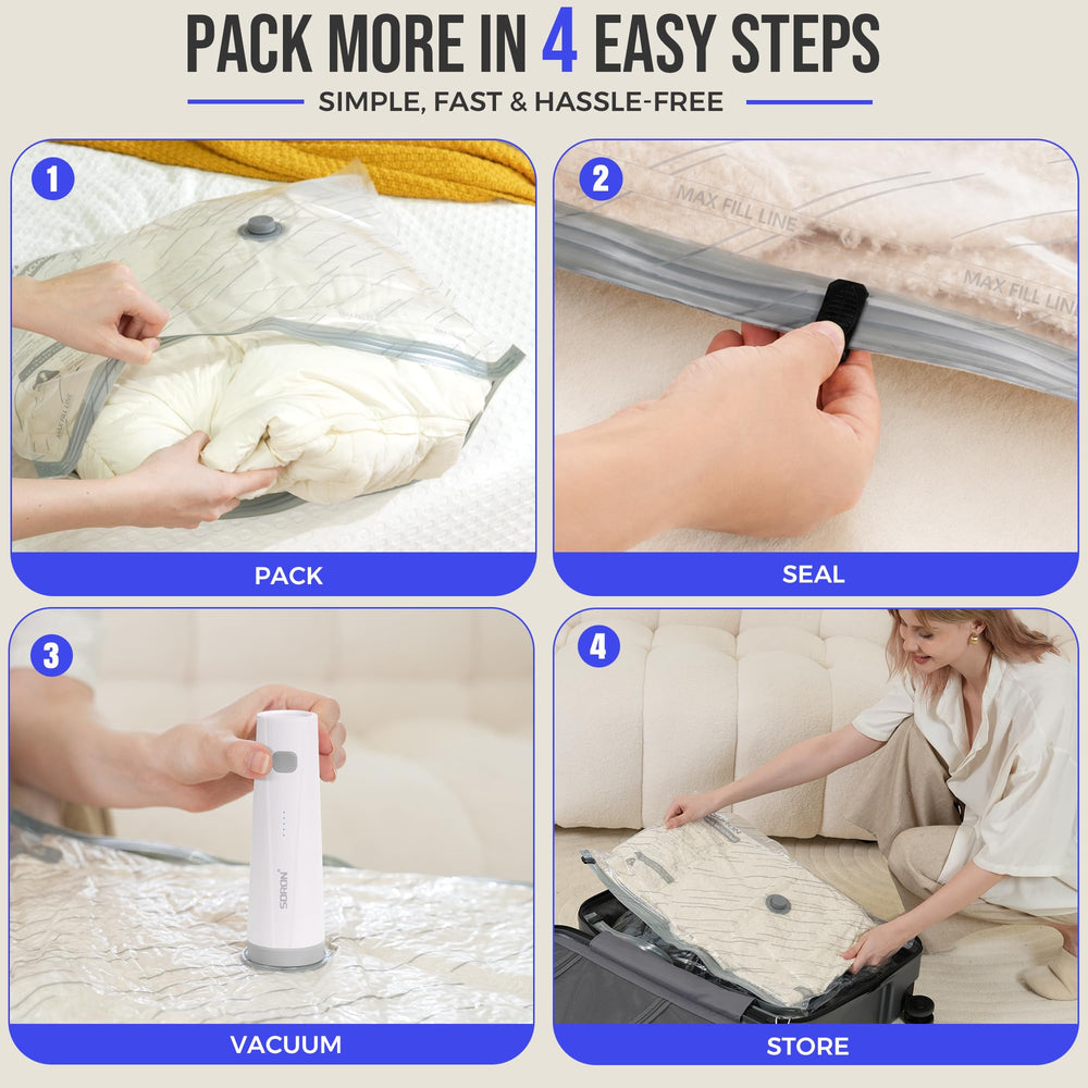 SORON sealing sliders and pump kept in separate pouches for tidy travel organization