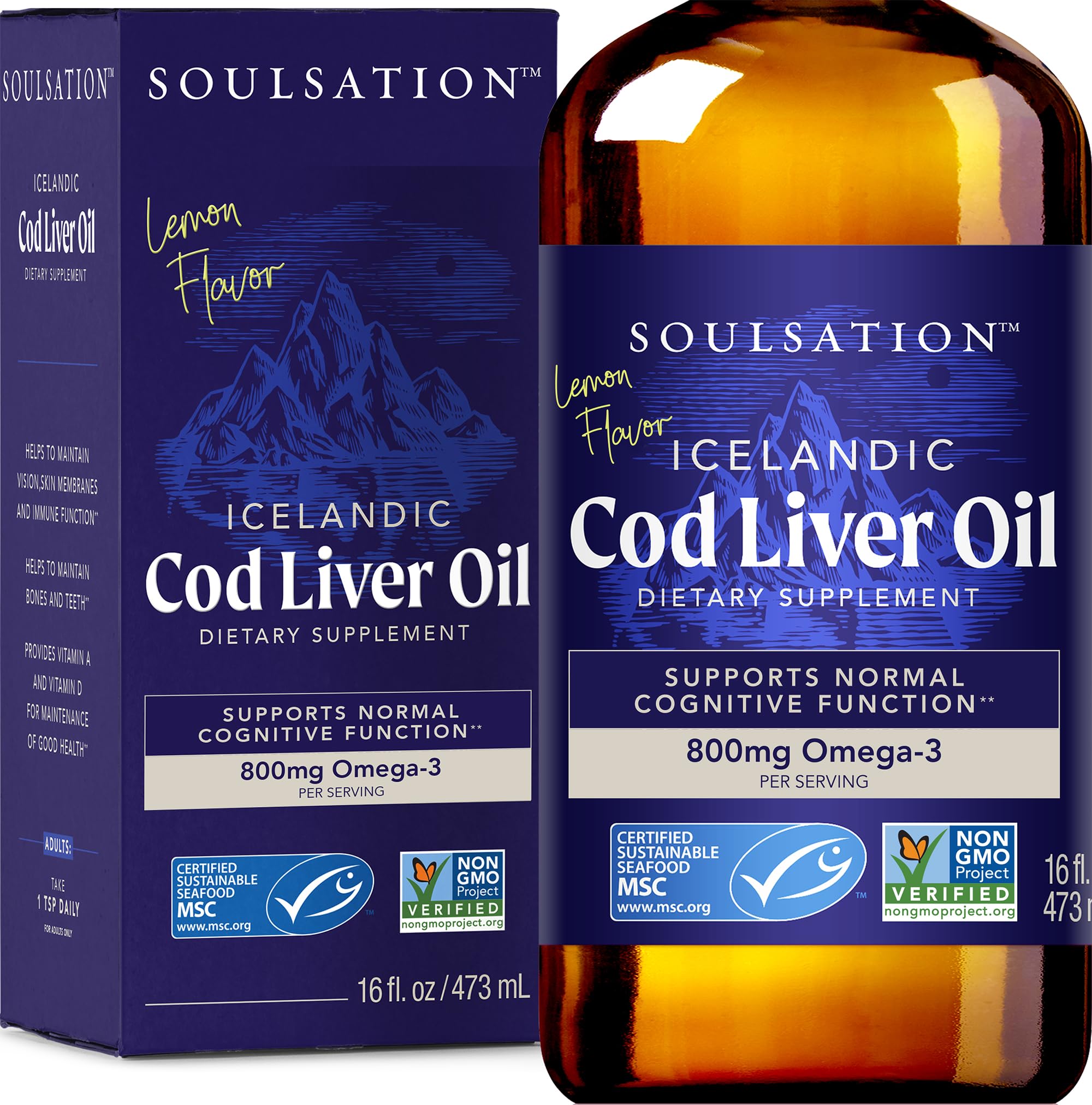 SOULSATION front bottle view showing lemon cod liver oil and clear labeling benefit