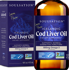SOULSATION front bottle view showing lemon cod liver oil and clear labeling benefit
