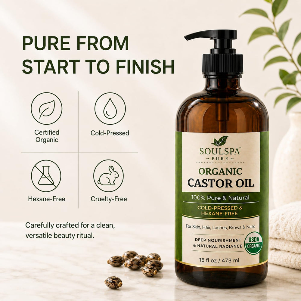 SOULSPA PURE castor seeds and oil droplet showing organic source quality